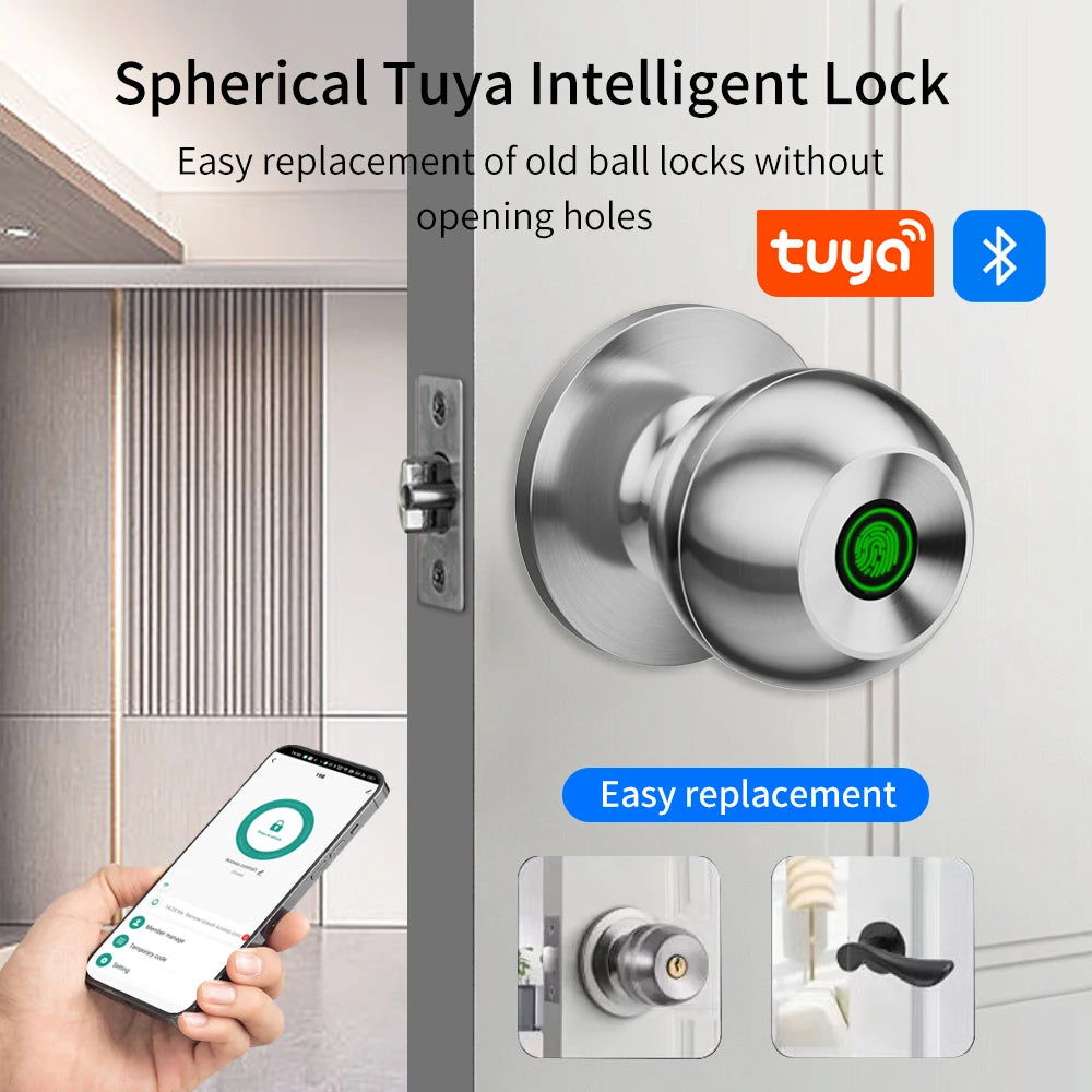 Fingerprint Safe Electronic Lock Door Handle Stainless Steel Round Door Knob Rotation Lock Doorknob Lock with Key Tuya App Home