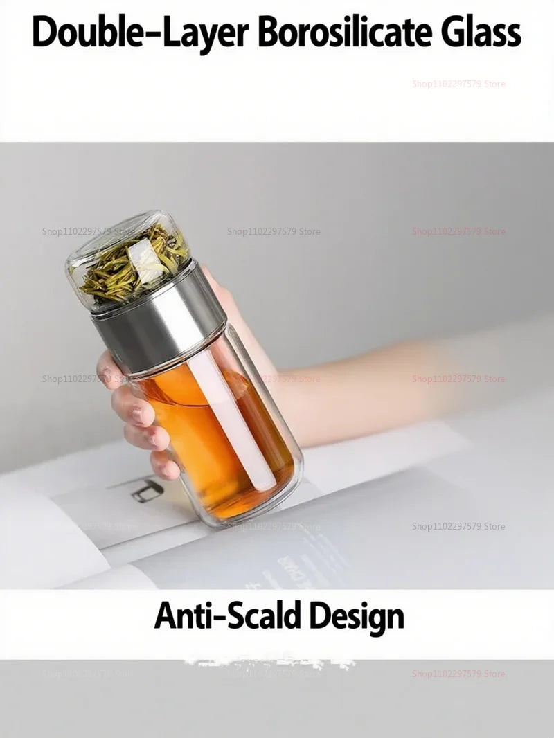 Double Wall Glass Tea Bottle 420ML Insulated Tumbler with Tea Strainer Leak Proof Hot Water Bottle for Office Travel Camping