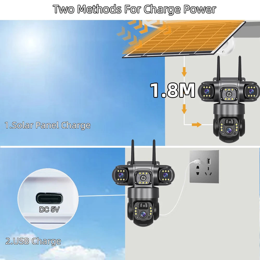 V380 Pro 15MP 6K 10X Zoom Triple Lens 4G Solar Outdoor Three Screen PIR Motion Detection Security CCTV Camera