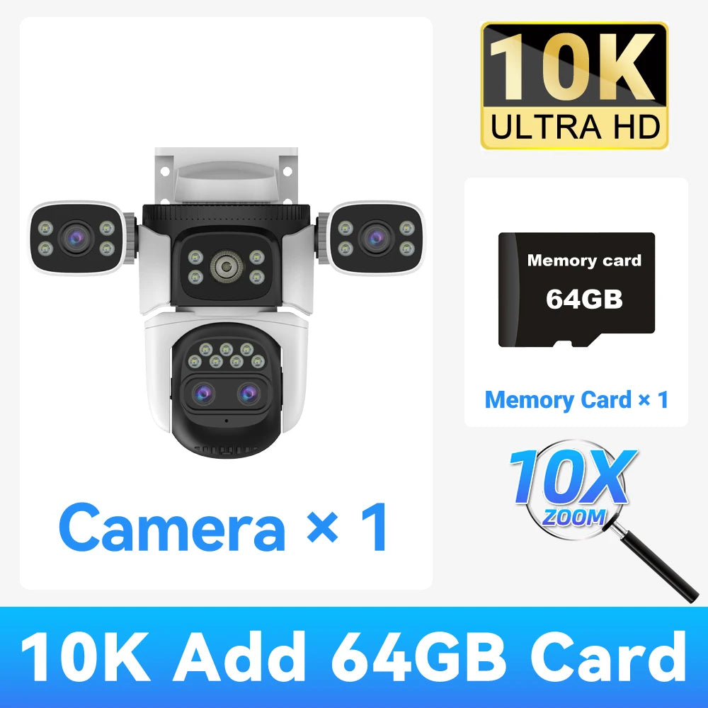 20MP 10K 4-Lens WiFi Security Camera Outdoor, 10X Zoom Auto Tracking, 4-Screen Display, Waterproof CCTV, Full Color Night Vision