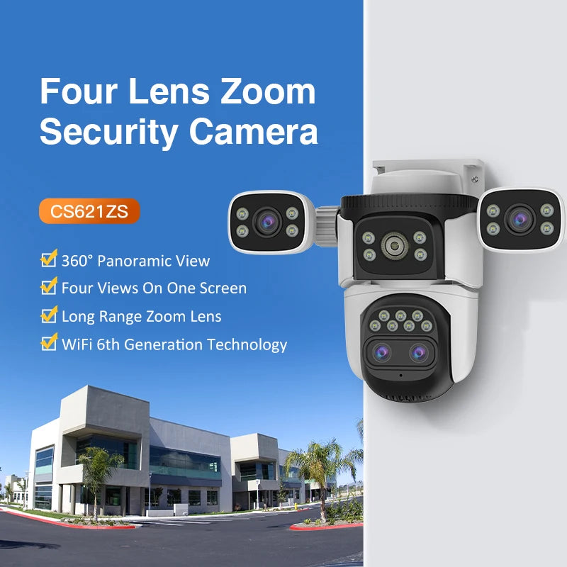 20MP 10K 4-Lens WiFi Security Camera Outdoor, 10X Zoom Auto Tracking, 4-Screen Display, Waterproof CCTV, Full Color Night Vision