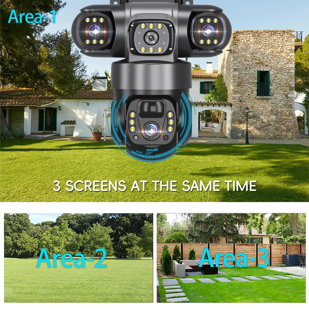 V380 Pro 15MP 6K 10X Zoom Triple Lens 4G Solar Outdoor Three Screen PIR Motion Detection Security CCTV Camera
