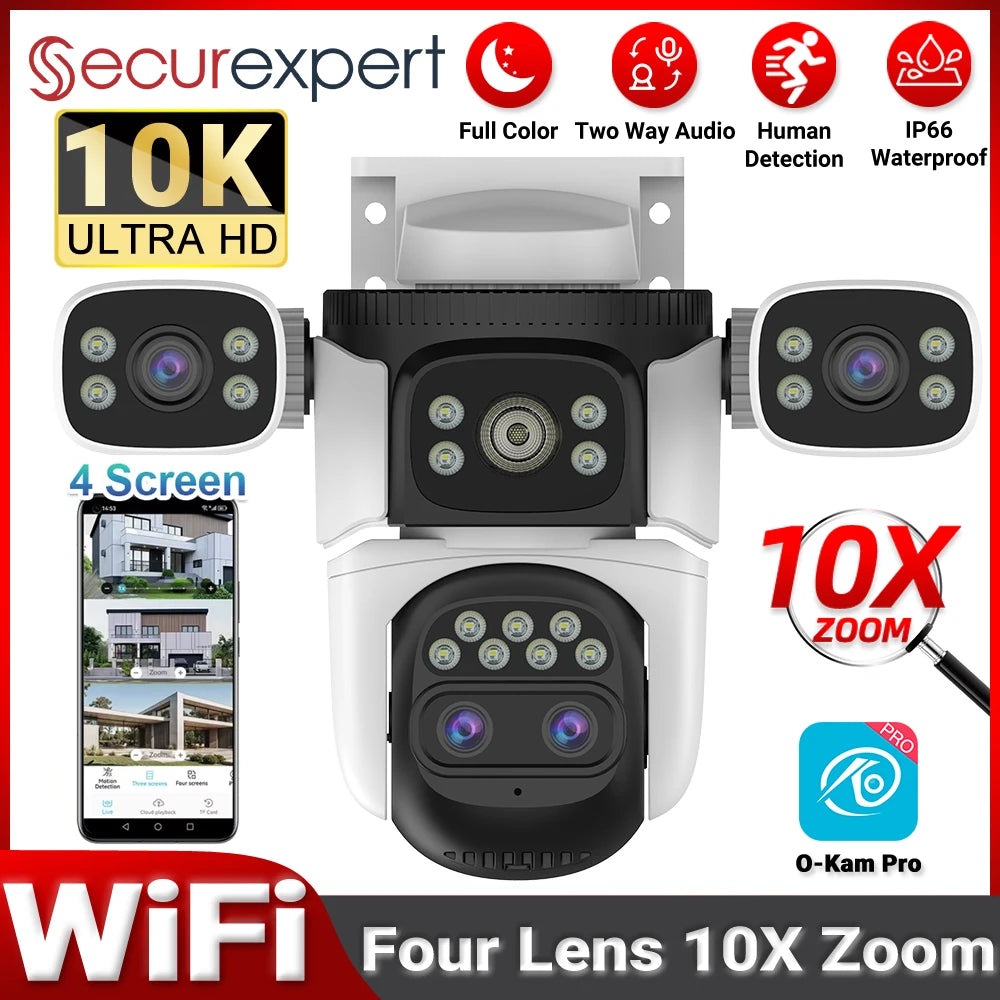 20MP 10K 4-Lens WiFi Security Camera Outdoor, 10X Zoom Auto Tracking, 4-Screen Display, Waterproof CCTV, Full Color Night Vision