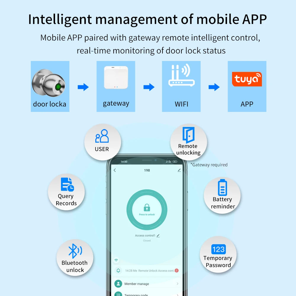 Fingerprint Safe Electronic Lock Door Handle Stainless Steel Round Door Knob Rotation Lock Doorknob Lock with Key Tuya App Home