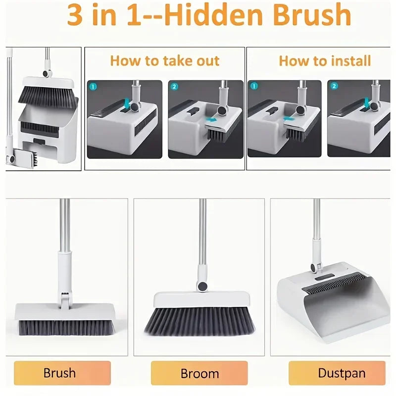 [3-in-1 Cleaning Kit] 3-in-1 Foldable Broom and Dustpan Set - Multi-Surface Cleaning Kit - Durable Plastic for Home and Dorm Use