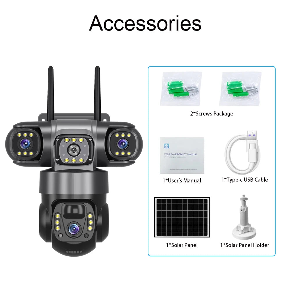 V380 Pro 15MP 6K 10X Zoom Triple Lens 4G Solar Outdoor Three Screen PIR Motion Detection Security CCTV Camera