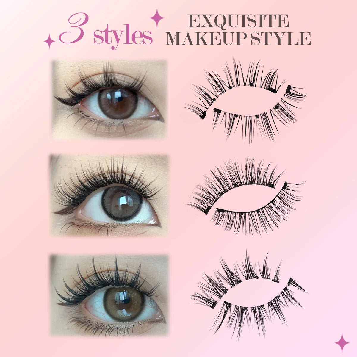MAGEFY Reusable Magnetic Eyelashes 3 Pairs Natural Curly Natural Magnetic False Eyelashes Glue Free with Applicator Easy to Wear