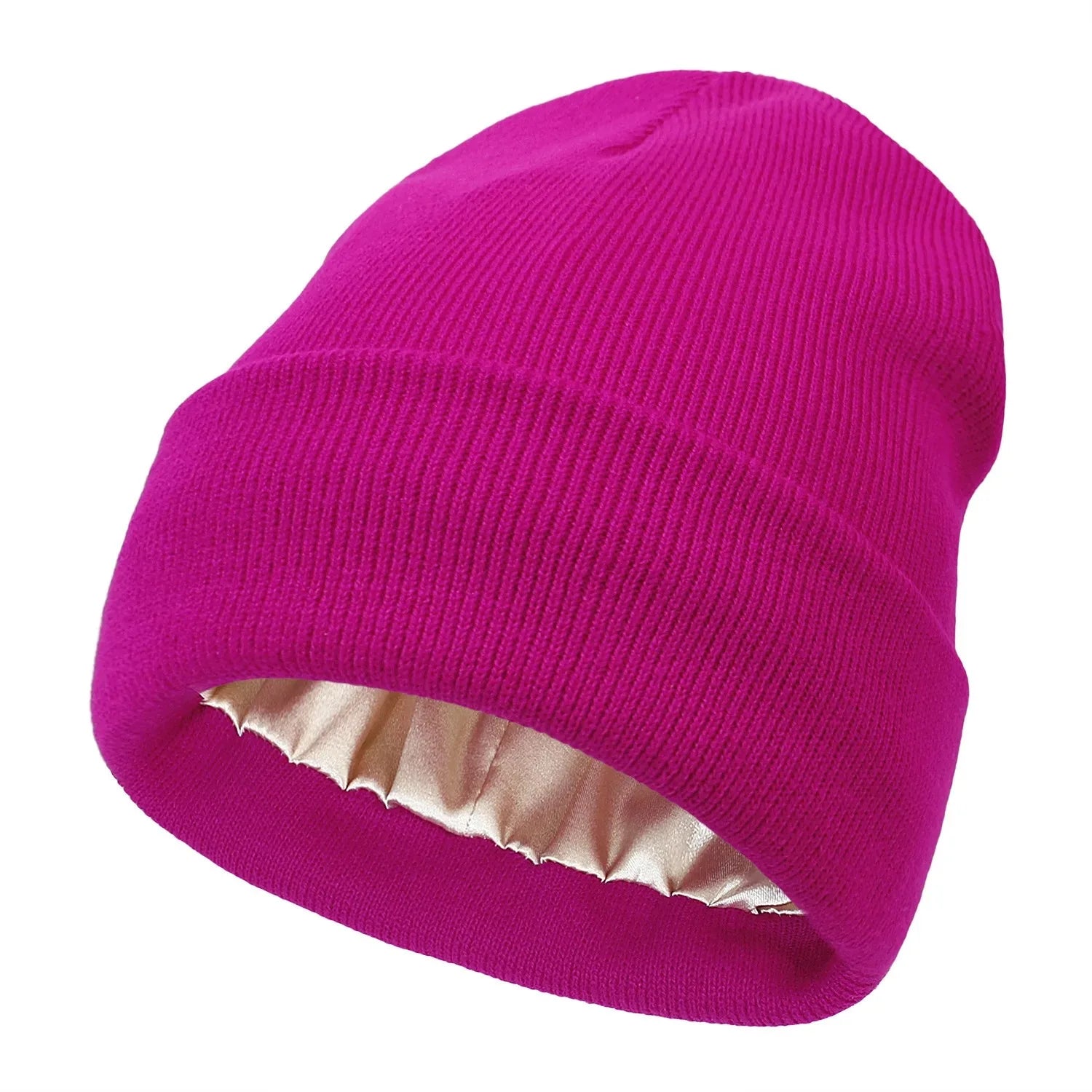 Unisex Satin Lined Anti Static Beanie Hat For Women Winter Silk Lining Slouchy Warm Cuffed Skullies 2Layer Hair Cover Sleep Cap