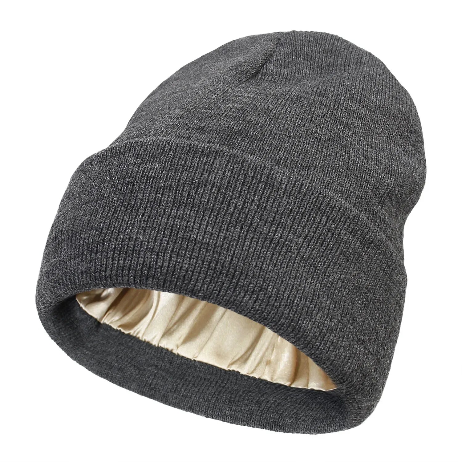 Unisex Satin Lined Anti Static Beanie Hat For Women Winter Silk Lining Slouchy Warm Cuffed Skullies 2Layer Hair Cover Sleep Cap