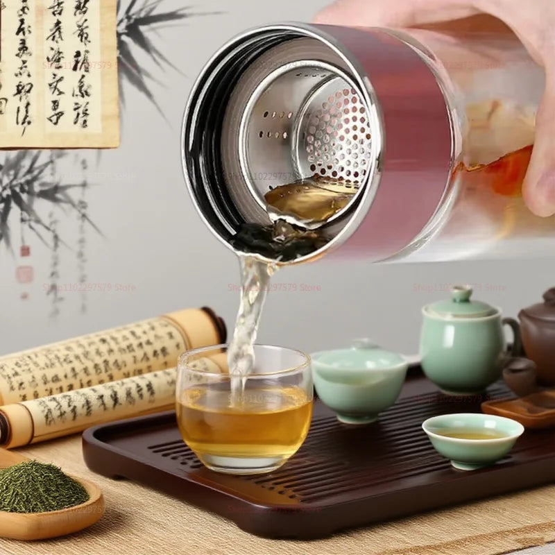 Double Wall Glass Tea Bottle 420ML Insulated Tumbler with Tea Strainer Leak Proof Hot Water Bottle for Office Travel Camping