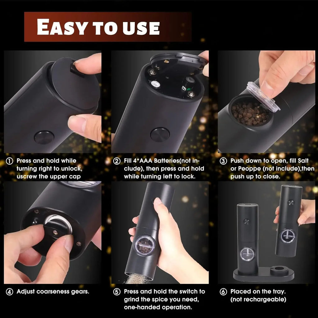 2Pcs Electric Salt And Pepper Grinder With Adjustable Coarseness Refillable Mill Battery Powered Kitchen Automatic Gadget