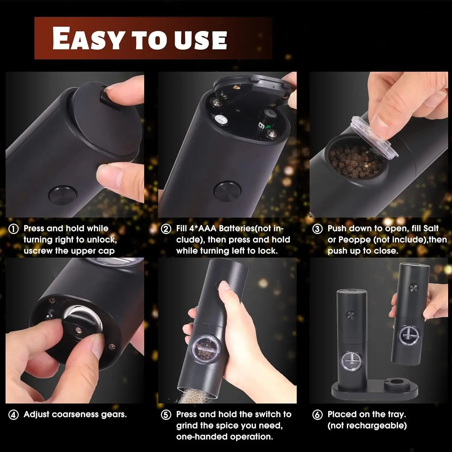 2Pcs Electric Salt And Pepper Grinder With Adjustable Coarseness Refillable Mill Battery Powered Kitchen Automatic Gadget