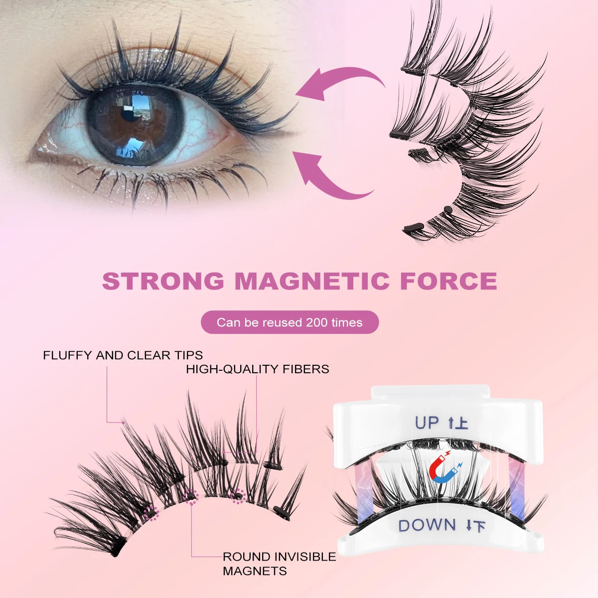 MAGEFY Reusable Magnetic Eyelashes 3 Pairs Natural Curly Natural Magnetic False Eyelashes Glue Free with Applicator Easy to Wear