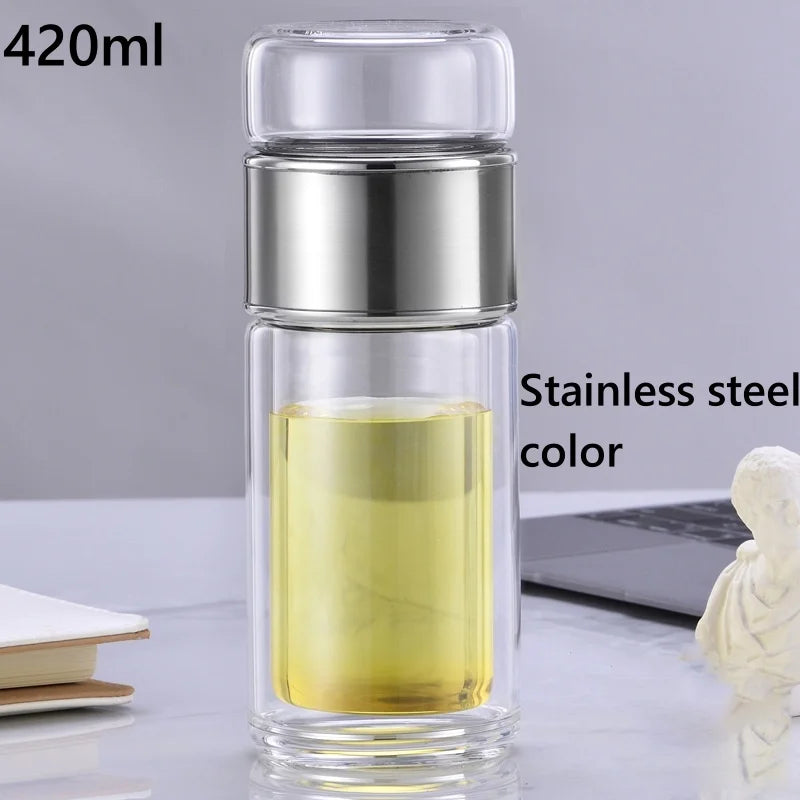 Double Wall Glass Tea Bottle 420ML Insulated Tumbler with Tea Strainer Leak Proof Hot Water Bottle for Office Travel Camping