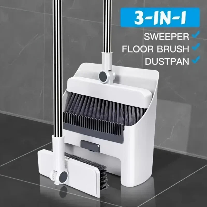 [3-in-1 Cleaning Kit] 3-in-1 Foldable Broom and Dustpan Set - Multi-Surface Cleaning Kit - Durable Plastic for Home and Dorm Use