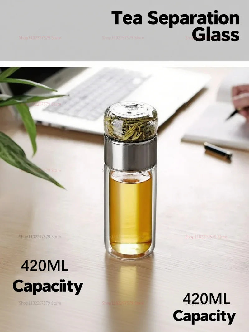 Double Wall Glass Tea Bottle 420ML Insulated Tumbler with Tea Strainer Leak Proof Hot Water Bottle for Office Travel Camping