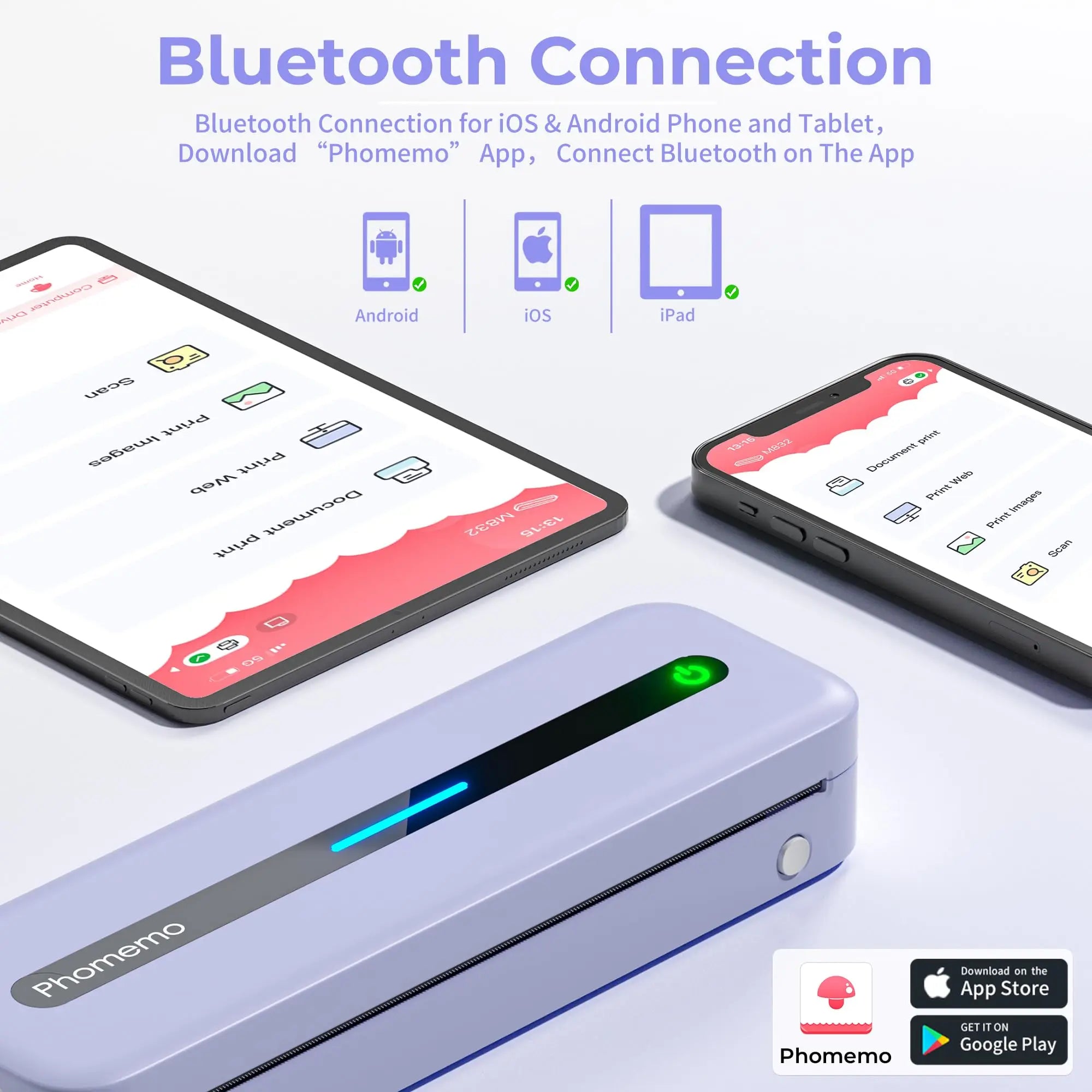 Portable Printer Wireless M832 for Travel and Home Work Use Thermal 300DPI Inkless Mobile Printer Compatible with Android iOS