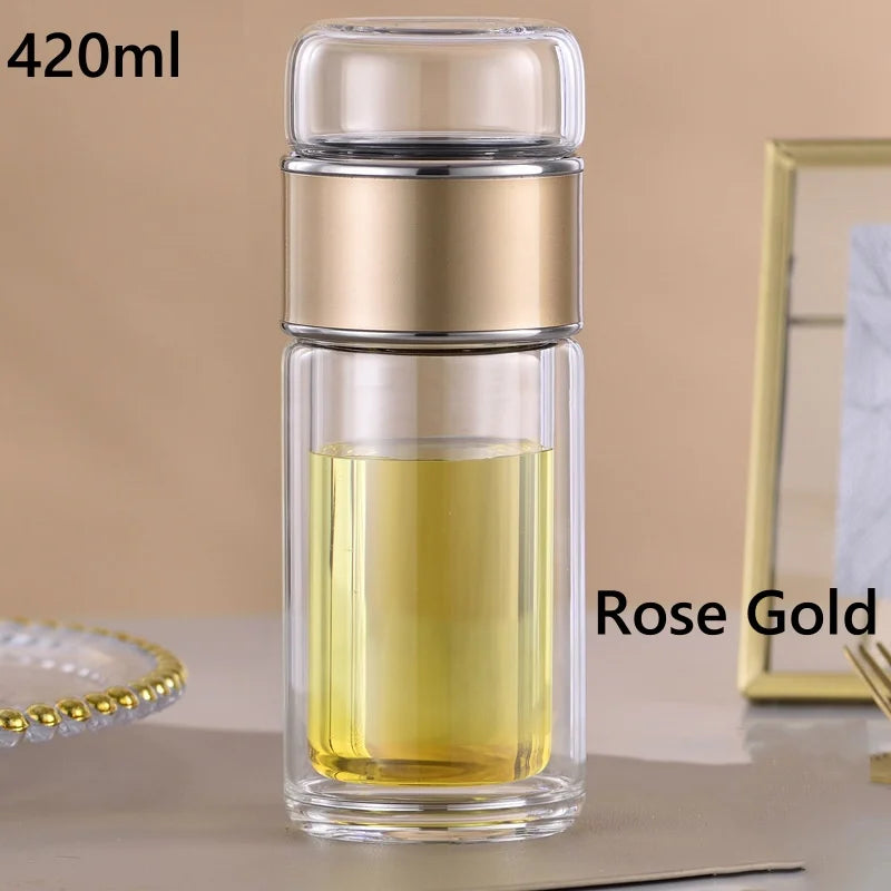 Double Wall Glass Tea Bottle 420ML Insulated Tumbler with Tea Strainer Leak Proof Hot Water Bottle for Office Travel Camping