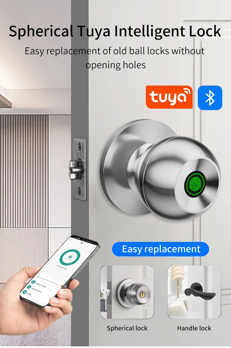 Fingerprint Safe Electronic Lock Door Handle Stainless Steel Round Door Knob Rotation Lock Doorknob Lock with Key Tuya App Home