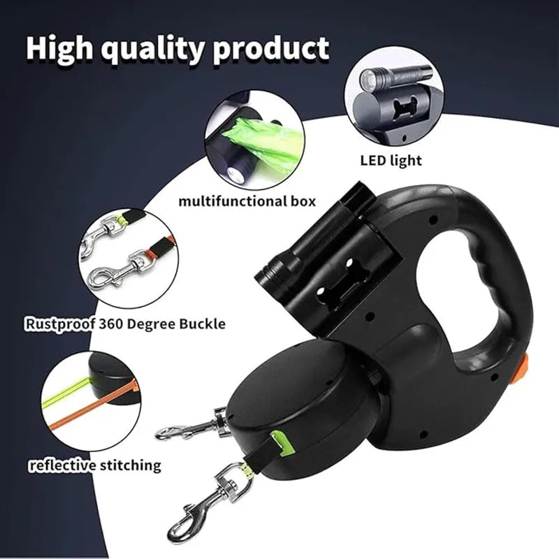 Double Ended Leash, Double Dog Leash for Two Dogs with Tangle-Free Swivel, Dog Leashs with LED Flashlight for Small & Large Dog