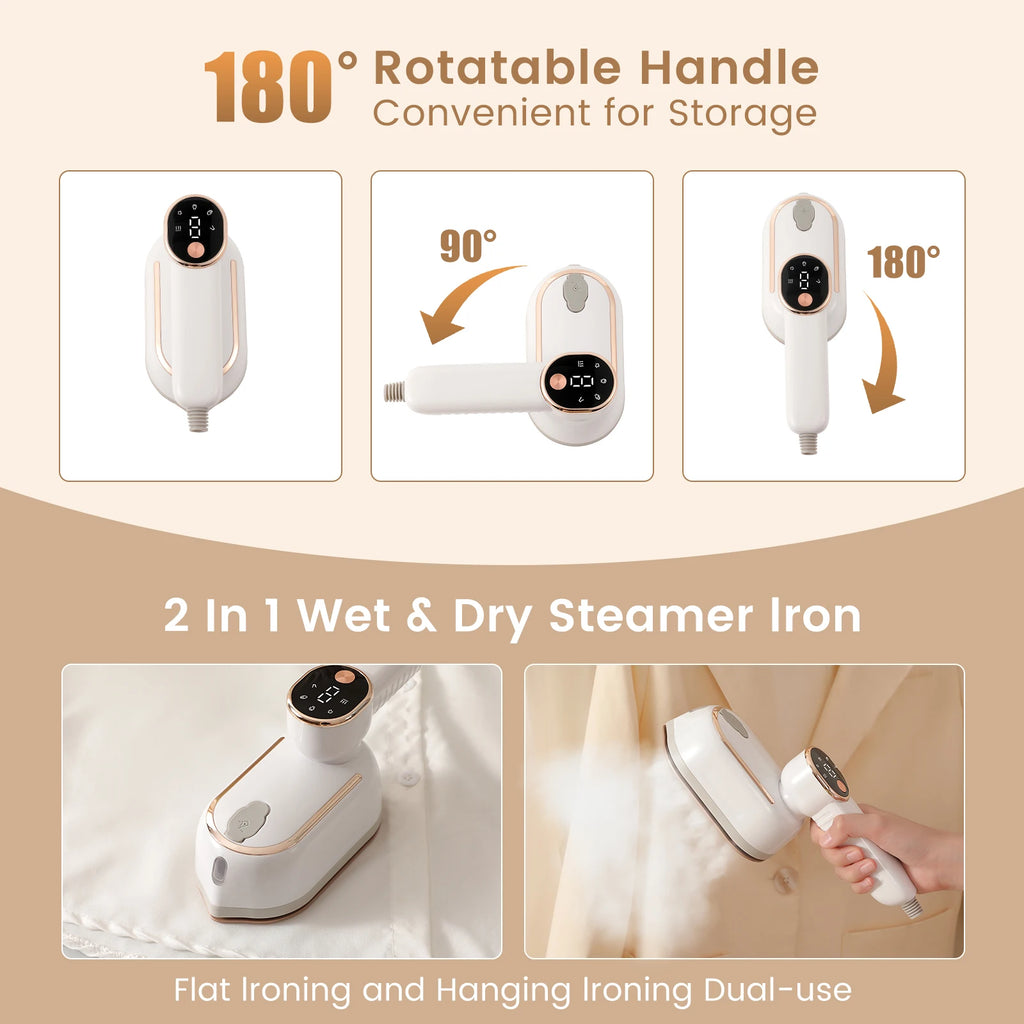 Portable mini steam iron with four temperature control and high-power rotating handheld ironing machine.