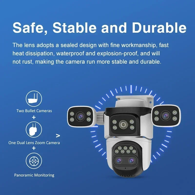 20MP 10K 4-Lens WiFi Security Camera Outdoor, 10X Zoom Auto Tracking, 4-Screen Display, Waterproof CCTV, Full Color Night Vision