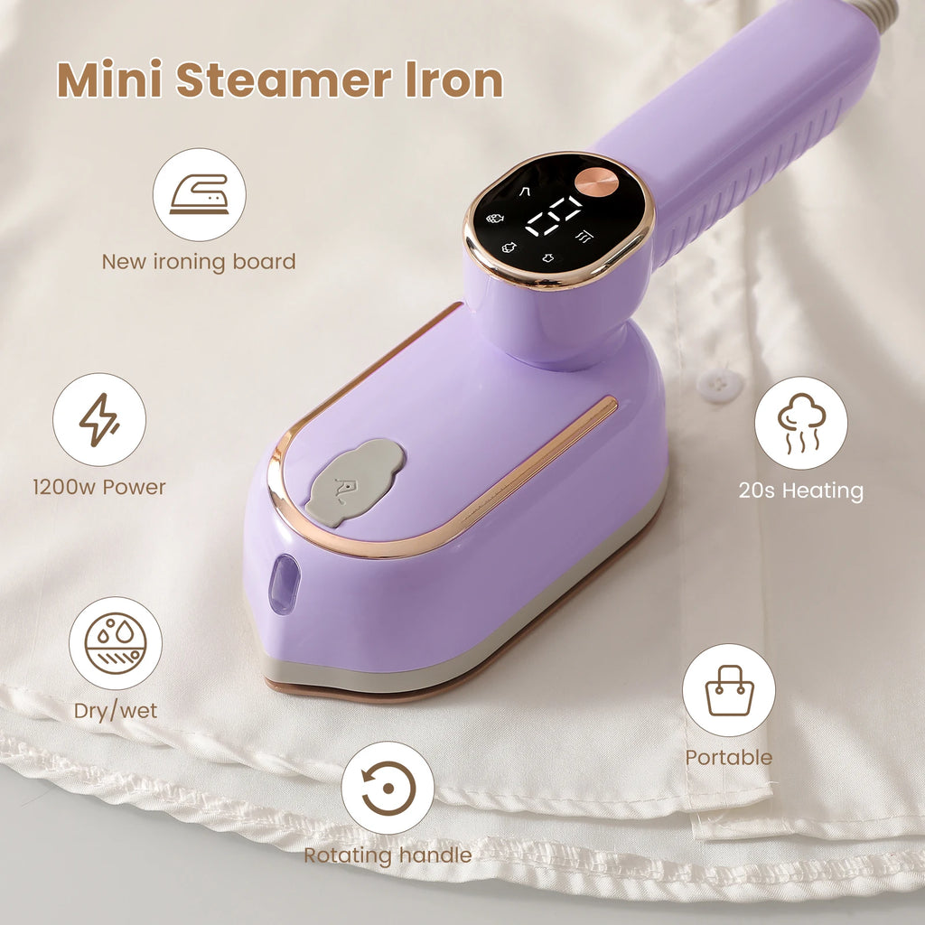 Portable mini steam iron with four temperature control and high-power rotating handheld ironing machine.