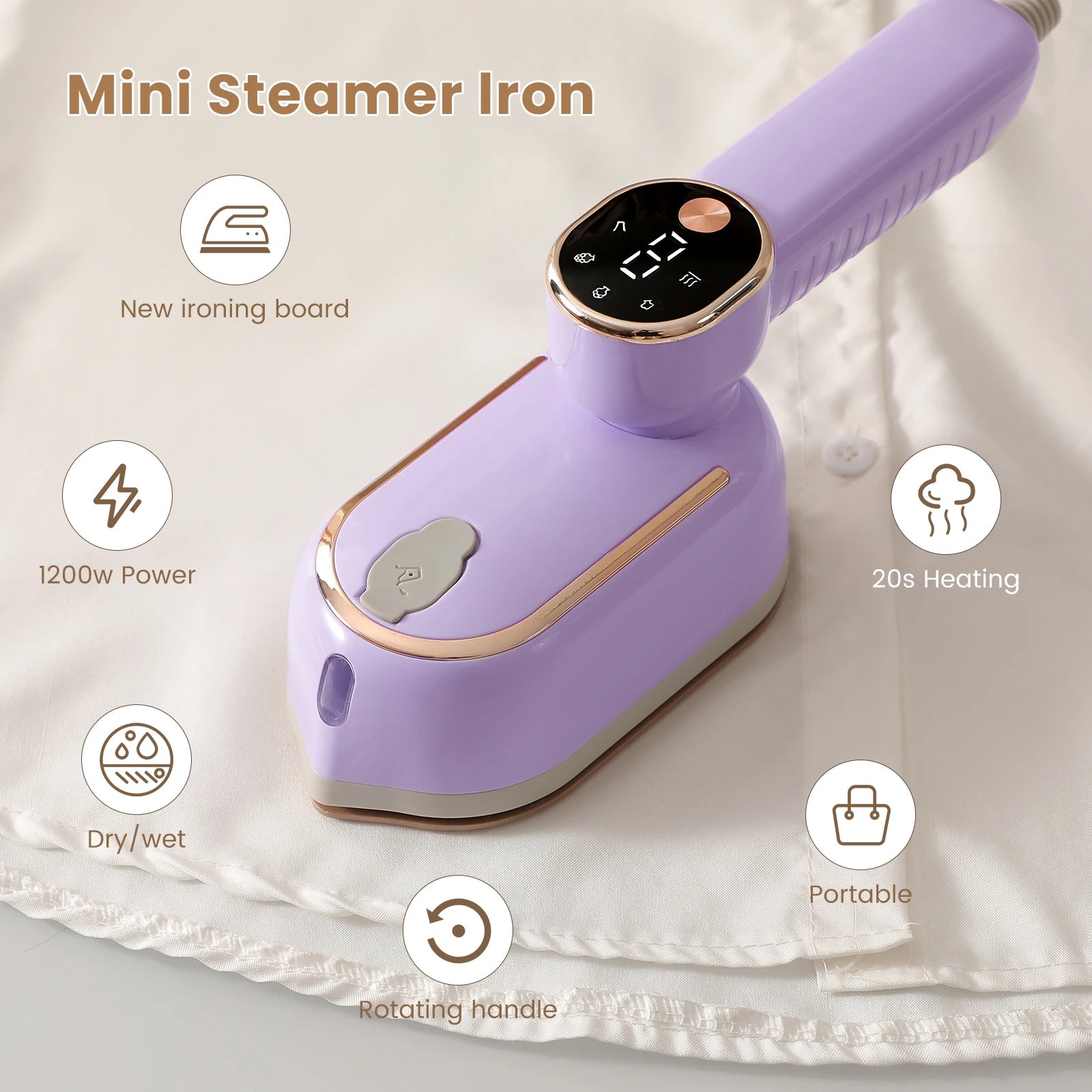 Portable mini steam iron with four temperature control and high-power rotating handheld ironing machine.