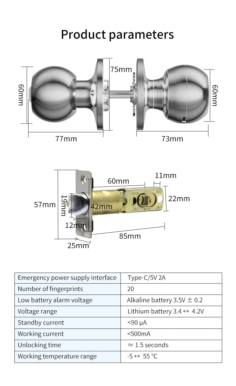 Fingerprint Safe Electronic Lock Door Handle Stainless Steel Round Door Knob Rotation Lock Doorknob Lock with Key Tuya App Home