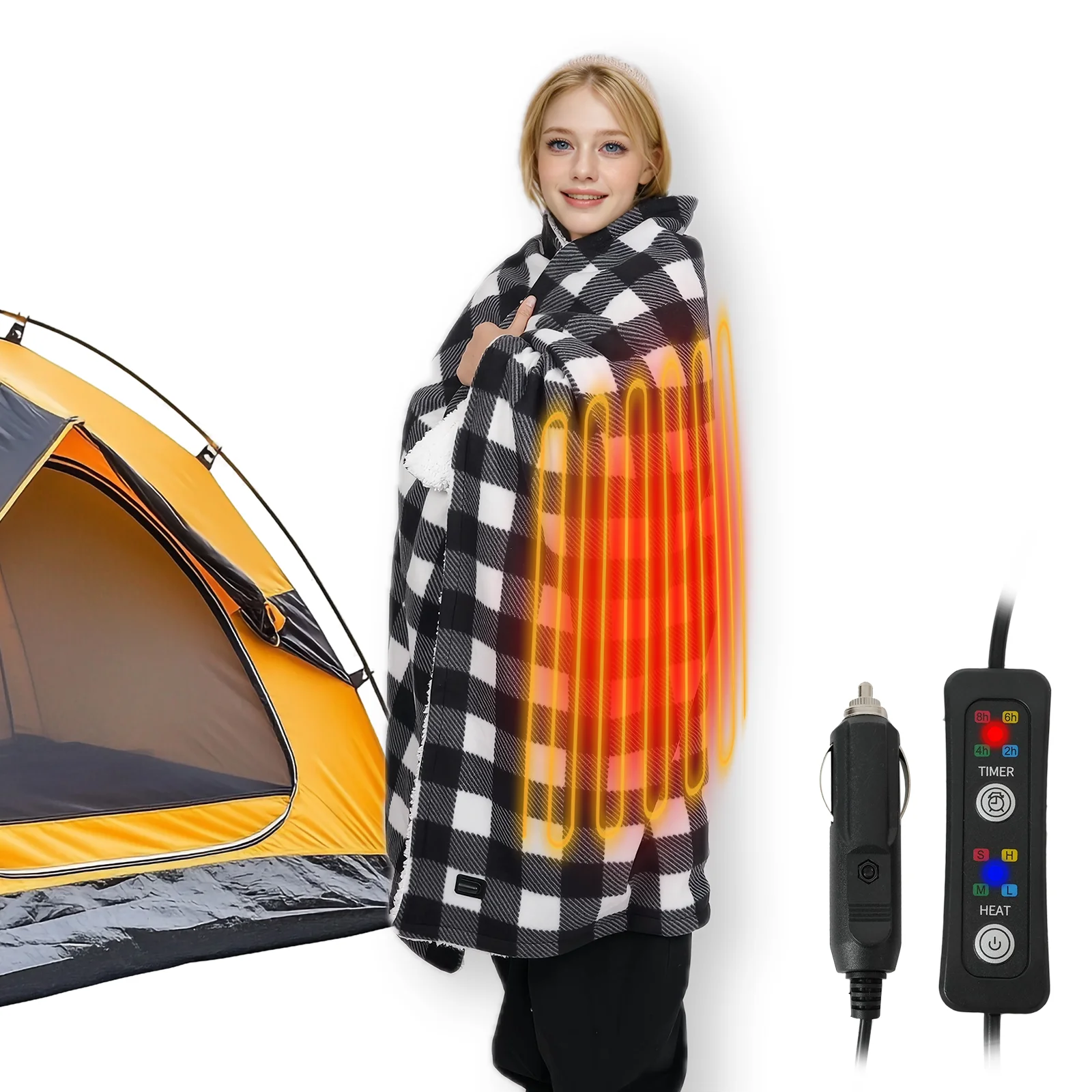 Heated Car Blanket 12-Volt Electric Blanket for Car, Truck, SUV, RV, Portable Heated Throw for Camping Red Black White Plaid