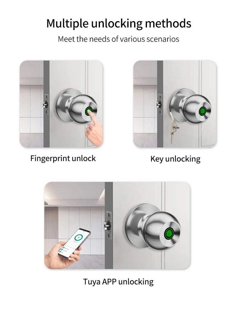 Fingerprint Safe Electronic Lock Door Handle Stainless Steel Round Door Knob Rotation Lock Doorknob Lock with Key Tuya App Home