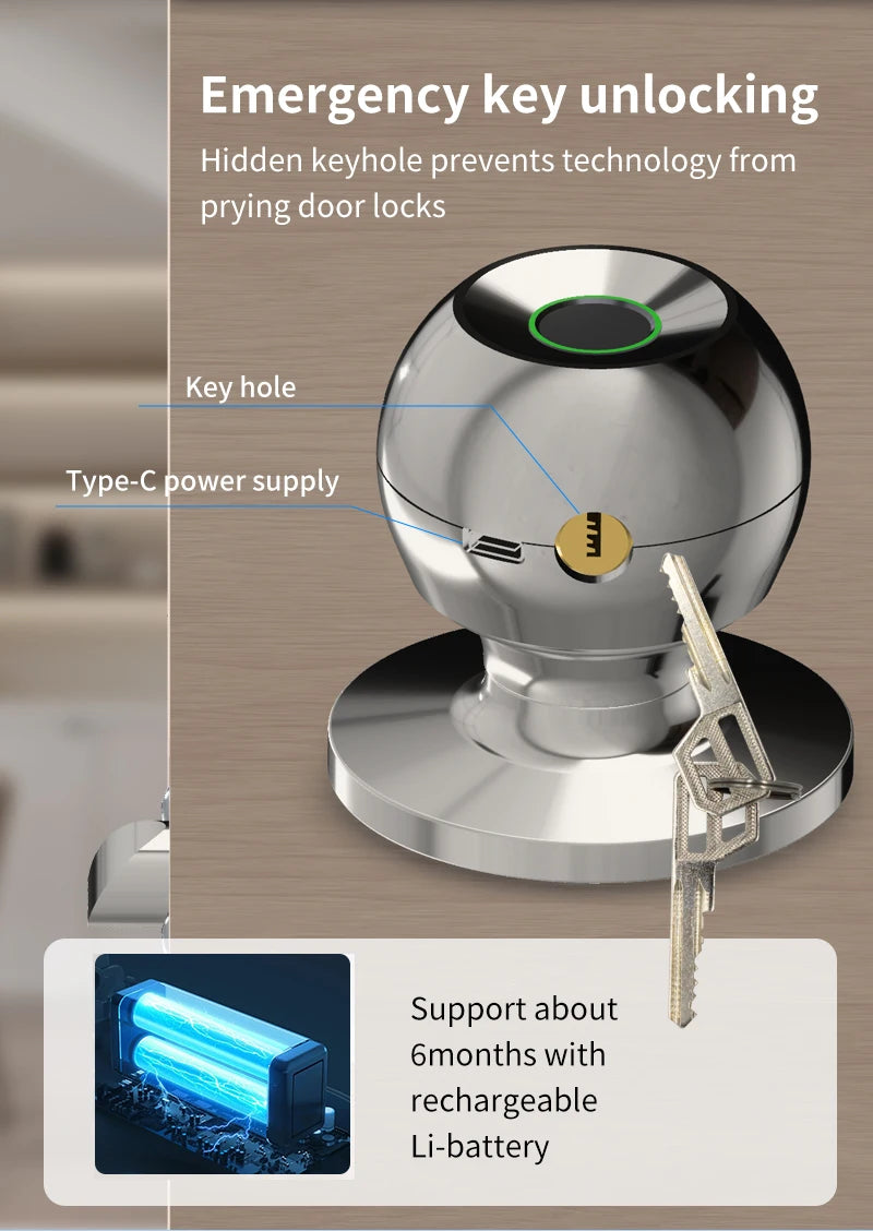 Fingerprint Safe Electronic Lock Door Handle Stainless Steel Round Door Knob Rotation Lock Doorknob Lock with Key Tuya App Home