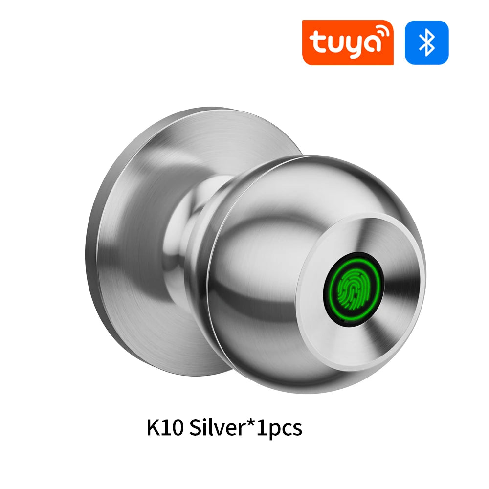 Fingerprint Safe Electronic Lock Door Handle Stainless Steel Round Door Knob Rotation Lock Doorknob Lock with Key Tuya App Home