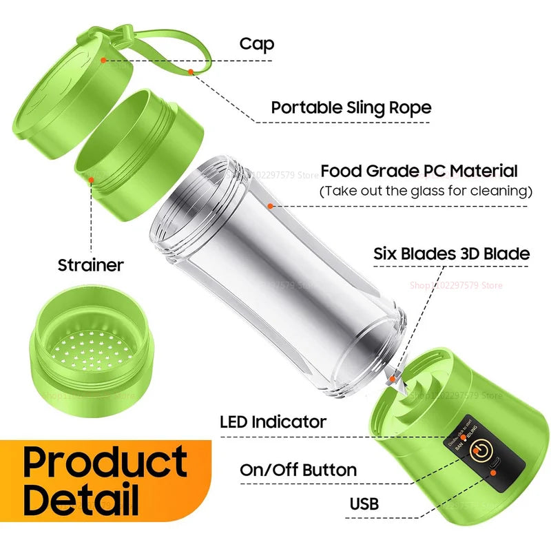 380ml Portable Electric Juicer USB Rechargeable Smoothie Blender Food Processor Fruit Mixer Compact Mini Kitchen Juicer