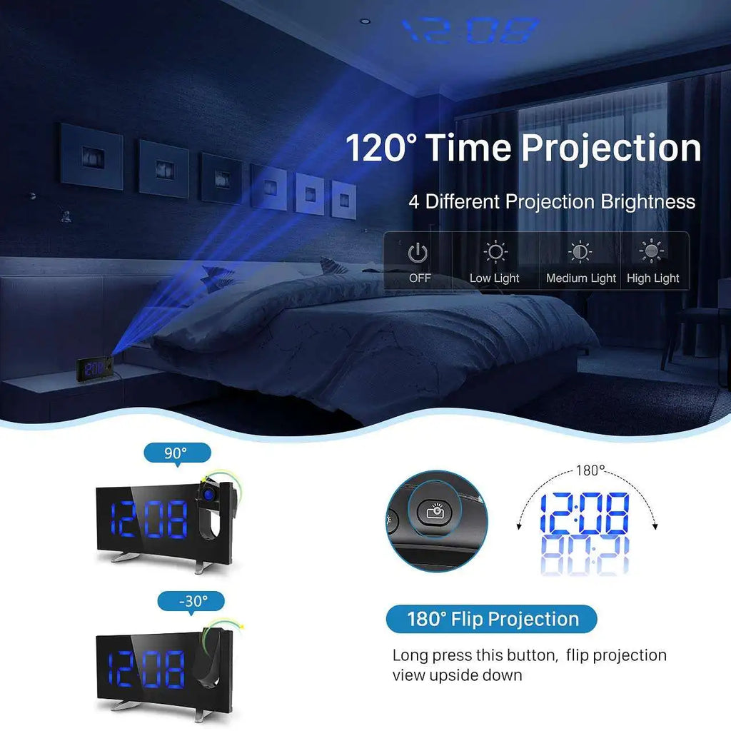 Projection Digital Alarm Clock for Bedroom Large LED Alarm Clock Projection on Ceiling Wall 180°Projector for Heavy Sleeper New