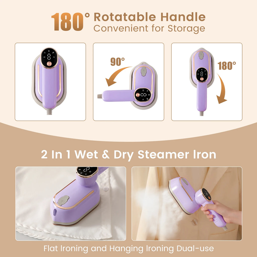 Portable mini steam iron with four temperature control and high-power rotating handheld ironing machine.