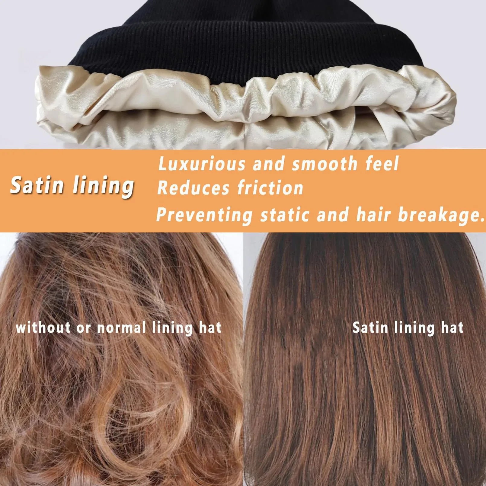 Unisex Satin Lined Anti Static Beanie Hat For Women Winter Silk Lining Slouchy Warm Cuffed Skullies 2Layer Hair Cover Sleep Cap
