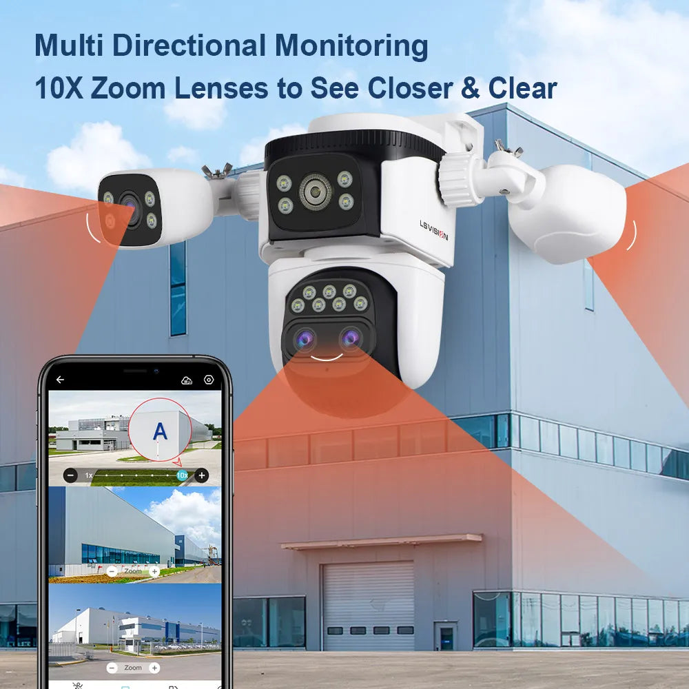 LS VISION 20MP Three Screens WiFi Security Camera Outdoor 10X Optical Zoom Four Lens Human Auto Tracking Waterproof CCTV Cameras